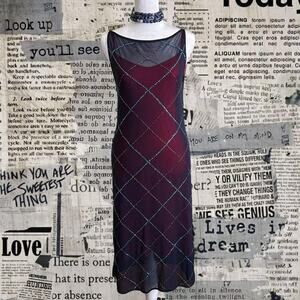 Vintage vivienne tam beaded mesh navy blue dress with red slip